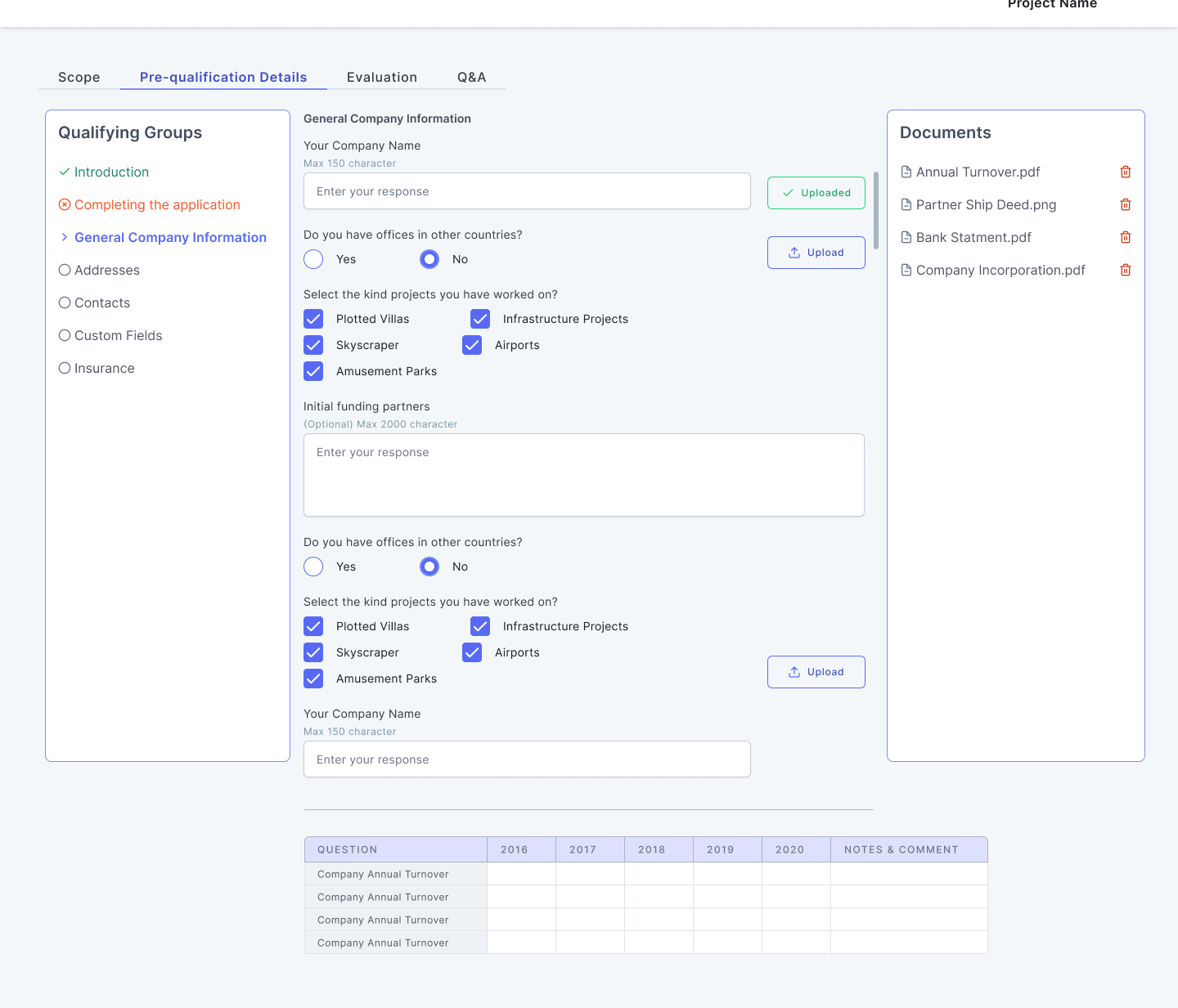 Bidder pre-qualification form view